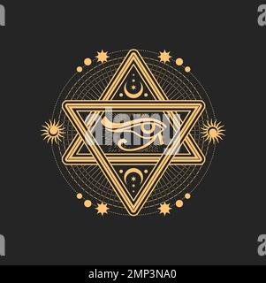 David Star, Auge des Horus, Sichel, Sonne und Mond esoterisches okkultes Symbol, magische Tarotzeichen, Vektor-Talisman für Okkultismus, Alchemie und Astrologie, heiliges Hexagramm judentum Religion Mystisches Emblem Stock Vektor