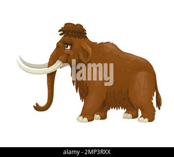 Cartoon Mammoth Tierfigur. Aus der Eiszeit ausgestorbene Pflanzenfresser, süße Tierwelt, alte Tierwelt, Woly Elefantensäugetier mit Rumpf und Stoßzähnen. Riesiges Mammut isoliertes Vektormaskottchen Stock Vektor