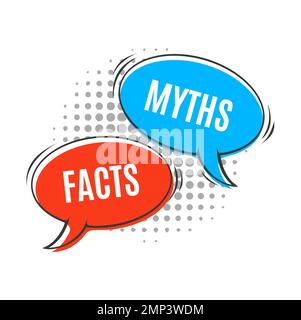 Mythen vs. Fakten Symbol, Wahrheit und falsch, Fake vs. Wahr, Fiktion gegenüber Reality-Vektor-Sprechblasen auf Pop-Art-Halbtonhintergrund. Quiz-Abzeichen für richtige oder falsche Spiele, Faktenprüfung und Mythos-Brechen Stock Vektor