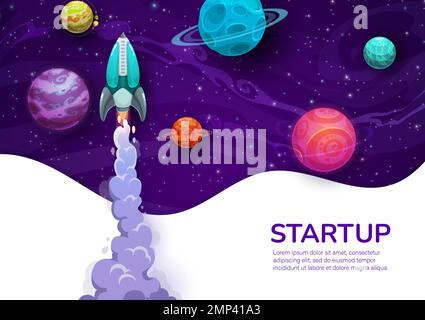 Start-up-Projekt für Unternehmen. Rocketship-Start und Galaxie-Raumplaneten. Websitevorlage für Unternehmensprojekte, Startup-Banner oder Vektorhintergrund, Unternehmensseite mit Raumschiff im Weltraum Stock Vektor