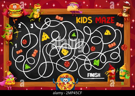 Labyrinth-Labyrinth. Hilft den Charakteren von Fast Food dabei, den Ausgang zu finden. Kinderlabyrinth Puzzle Arbeitsblatt, Suchpfad Vektorlabyrinth mit Burger, Burrito, Hotdog und Pizza, Senf, Ketchup, Coffee Hero Persönlichkeiten Stock Vektor