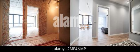 Wohnzimmer und Schlafzimmer mit großen Fenstern und Türen vor und nach Renovierung oder Restaurierung. Altes Appartement vor der Renovierung und neu renoviertes Appartement mit Parkettboden und Möbeln. Stockfoto