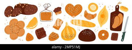 Cartoon-Brotprodukte. Verschiedene frische Gebäckstücke, Butterbrötchen, Croissants und Baguette-Brote, köstliche Cupcakes, Kekse und Kuchen. Weizen, Roggen und ganz Stock Vektor