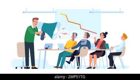 Aggressiver Vorgesetzter schimpft Mitarbeiter wegen schlechter Leistung an. Wütender Boss, der Angestellte anschreit. Manager mit Megafon. Infografik zur Rezession Stock Vektor