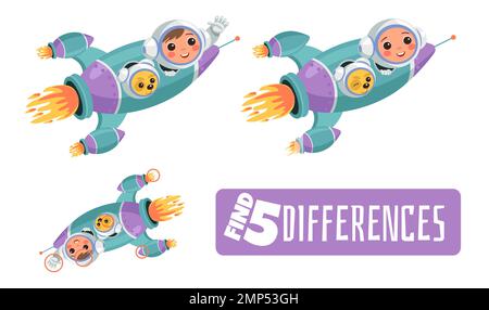 Finden Sie Unterschiede. Pädagogisches Spiel für Kinder. Arbeitsblatt für Vorschulkinder. Ein Junge fliegt mit einer Weltraumrakete. Logikaufgabe. Mindtest. Suchen Sie die richtige Lösung Stock Vektor