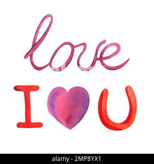 Die Worte Liebe und ein Herz, gezeichnet in Aquarell auf einem weißen isolierten Hintergrund Stockfoto