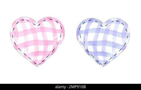 Set von Stoffherzen, gezeichnet von Aquarell isoliert auf weißem Hintergrund Stockfoto