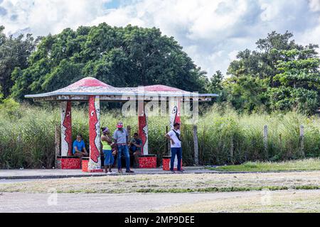 Geflieste Bushaltestelle in Fusterlandia, Jaimanitas, Havanna, Kuba Stockfoto