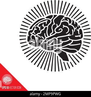 Menschliches Gehirn, umgeben von Strahlen, Vektorglyphen-Symbol. Symbol für ein gefährliches Schädel-Trauma. Stock Vektor