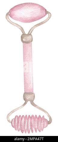 Spa-Illustration. Rosafarbene Gouache Roller Cliparts, handgezeichnetes Aquarell Beauty Facial Roller Massager Werkzeuge für die Gesichtsdarstellung Stockfoto