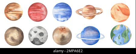 Aquarell handgezeichnete Planeten Illustration Set, Cute Kindergarten Clip Art, Kinder Illustration. Space Clip Art, jupiter, mars, neptun, pluto, mond, uranus, Stockfoto
