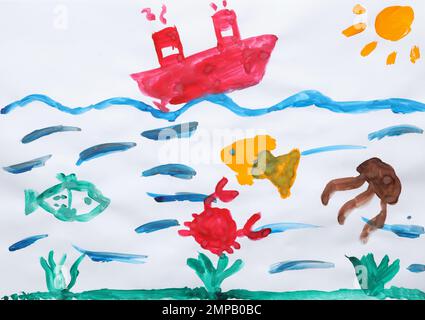 Kindermalerei von Schiff und Unterwasserleben auf Weißbuch Stockfoto