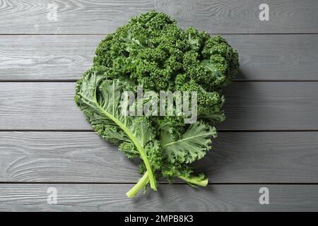 Frische Grünkohl-Blätter auf hellgrauem Holztisch, Draufsicht Stockfoto