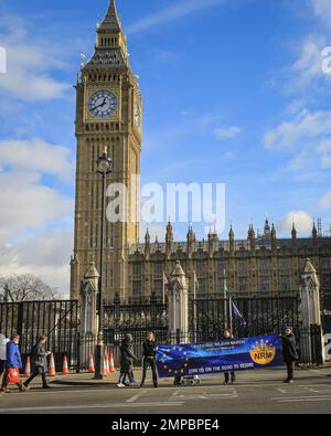 London, Großbritannien. 31. Januar 2023. Heute ist der 3. Jahrestag des offiziellen Austritts Großbritanniens aus der Europäischen Union. Demonstranten und Aktivisten haben sich außerhalb des Parlaments mit EU-Flaggen versammelt und sich wieder den Botschaften angeschlossen, um sich gegen das, was sie als drei Jahre Chaos und negative Auswirkungen des Brexit empfinden, und um die Kampagne für den Wiedereintritt des Landes in die EU zu versammeln. Kredit: Imageplotter/Alamy Live News Stockfoto