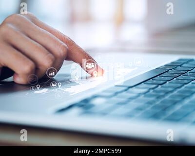 Erweiterung der digitalen globalen Netzwerktechnologie, Geschäftsmarketing und Managementkonzepte. Die Symbole für Standort und Geschäftsstrategie erscheinen auf der Weltkarte Stockfoto