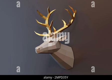 Trophäe „Low Poly Rehe“ mit goldenen Hörnern im Profil, grauem Hintergrund, 3D-Rendering Stockfoto