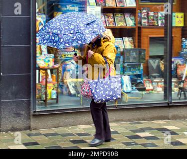 Glasgow, Schottland, Vereinigtes Königreich 31.t. Januar 2023. UK Weather: Kalt und nass im Stil Meile der Buchannan Street sahen Regenschirme die Straßen dominieren, während sie in die Stadt strömten. Credit Gerard Ferry/Alamy Live News Stockfoto