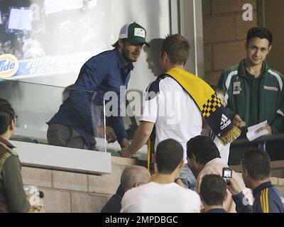 David Beckham sieht zu, wie sein LA Galaxy Team gegen die Kansas City Wizards 2-0 verliert. Während des Spiels nahm er sich etwas Zeit, Autogramme zu signieren und für Fotos mit Fans zu posieren. Los Angeles, Kalifornien. 08/29/2010. Stockfoto