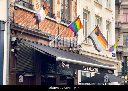 Verschiedene LGBT-Flaggen, die an einem Gebäude in Brüssel hängen, Stockfoto