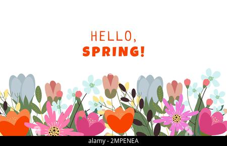 Hallo Frühlingsbanner. Saisonarbeit, Wochenende, Weihnachtslogo. Hintergrundbild Zum Frühling. Alles gute zum Frühlingstag. Stock Vektor