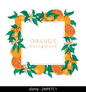 Botanischer Rahmen mit Orangen, Ästen, Blättern und Blumen. Kartenvorlage Stock Vektor
