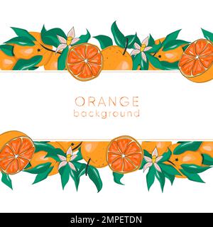 Botanischer Hintergrund mit Orangen, Zweigen, Blättern und Blumen. Kartenvorlage Stock Vektor