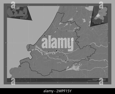 Zuid-Holland, niederländische Provinz. Bilevel-Höhenkarte mit Seen und Flüssen. Standorte und Namen der wichtigsten Städte der Region. Ecke zusatzgeräte Stockfoto