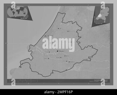 Zuid-Holland, niederländische Provinz. Grauskala-Höhenkarte mit Seen und Flüssen. Standorte und Namen der wichtigsten Städte der Region. Ecke autokorr Stockfoto