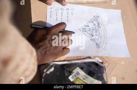 UNTERSTÜTZUNG DER MARINE, BAHRAIN (OKT 13, 2022) – Eine Marine, die dem Central Command (FASTCENT) des Anti-Terror-Sicherheitsteams der Flotte (FASTCENT) zugewiesen ist, entwickelt während eines Call for Fires eine praktische Anwendungsveranstaltung an Bord der Naval Support Activity, Bahrain, am 13. Oktober. Nachdem die Range Cards erstellt wurden, wurden die Marines mit einem simulierten Ziel besprochen, um den Standort für den Feueraufruf zu entwickeln. TF 51/5 reagiert auf Krisen und Eventualitäten, koordiniert, plant und führt Operationen durch, führt Theatersicherheitskooperationen durch und entwickelt neue Marinekonzepte auf See, von der See und an Land, um sie zu koordinieren Stockfoto