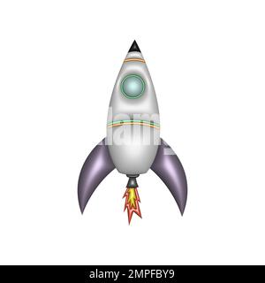 3D Raketenraumschiff. 3D-Designelement im Cartoon-Stil aus Kunststoff. Symbol isoliert auf weißem Hintergrund Stockfoto
