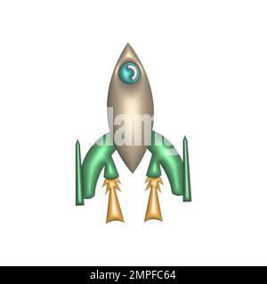 3D Raketenraumschiff. 3D-Designelement im Cartoon-Stil aus Kunststoff. Symbol isoliert auf weißem Hintergrund Stockfoto