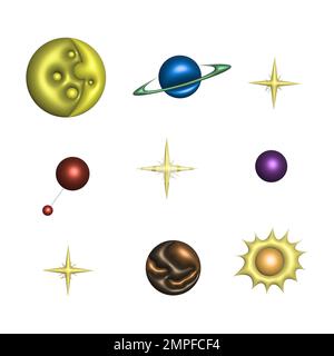 Abstraktes Symbol von Planeten und Sternen. 3D-Rendering mit glänzendem Cartoon Stockfoto