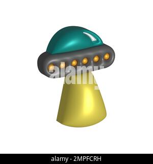 3D Rendern des fliegenden UFO-Cartoons auf weißem Hintergrund. Süßes, stilvolles Alien-Raumschiff. Farbenfrohe, leuchtende Vektordarstellung für Wissenschaft, Spiel und Geschäft. Süße Stockfoto