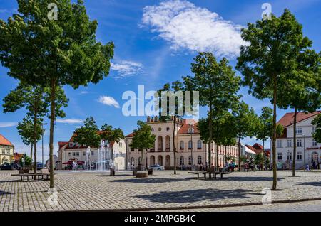 Lebhafte Szene vor dem Rathaus auf dem historischen Marktplatz Neustrelitz, Mecklenburg-Vorpommern, Deutschland, Europa, August 4, 2016. Stockfoto