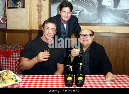 Planet Hollywood-Aktionär Sylvester Stallone, Danny DeVito und Charlie Sheen nehmen an einer Veranstaltung Teil, bei der Planet Hollywoods Kauf der italienischen Restaurantkette Buca di Beppo gefeiert wird. Die Veranstaltung feierte auch die Eröffnung des Restaurants Buca de Beppo auf dem Universal CityWalk in Hollywood. Buca di Beppo wird nun Danny DeVitos neuen Premium Limoncello Likör servieren, wobei ein Teil des Erlöses aus dem Limoncello-Verkauf der Heart Association zugute kommt. Los Angeles, Kalifornien. 1/28/09. Stockfoto