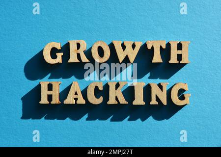 Wachstumshacking, Wörter in hölzernen Buchstaben isoliert auf blauem Hintergrund Stockfoto