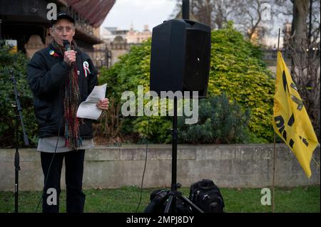 Am 30. 2023. Januar protestieren Dämonatoren gegen das Oberhaus, da über das Gesetz diskutiert wird, der Polizei mehr Macht zu geben. Peter Tatchell, Politi Stockfoto