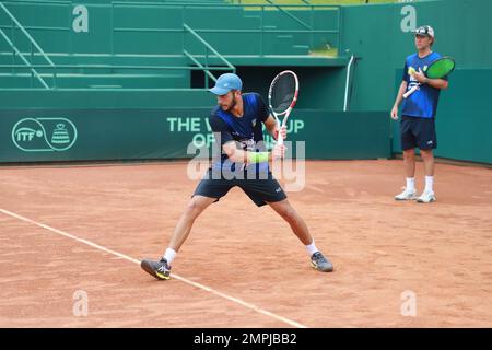 Florianopolis, Santa Catarina, Brasilien. 31. Januar 2023. (SPO) brasilianischer Davis Cup TeamÃ¢â‚¬â„¢in Florianopolis. 31. Januar 2023, Florianopolis, Santa Catarina, Brasilien: Team Brasil BRB hielt am Dienstag seine erste Trainingssitzung mit dem gesamten Team ab, das sich China stellen wird, in Costao do Santinho, Phase des Konflikts, gültig für Davis Cup World Group I, am Freitag (03) und Samstag (04). Rafael Matos, Thiago Monteiro, Felipe Meligeni, Matheus Pucinelli und Gustavo Heide sind neben dem jungen Joao Schiessl bereits für Kapitän Jaime Oncins und sein technisches Team verfügbar.Credit Stockfoto