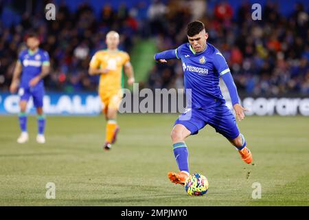 Carles Alena von Getafe während des spanischen Fußballspiels La Liga zwischen Getafe CF und Real Betis Balompie am 28. Januar 2023 im Coliseum Alfonso Perez in Getafe, Madrid, Spanien – Foto: Oscar J Barroso/DPPI/LiveMedia Stockfoto