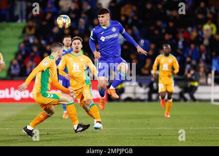 Carles Alena von Getafe während des spanischen Fußballspiels La Liga zwischen Getafe CF und Real Betis Balompie am 28. Januar 2023 im Coliseum Alfonso Perez in Getafe, Madrid, Spanien – Foto: Oscar J Barroso/DPPI/LiveMedia Stockfoto