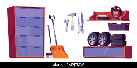 Garage-, Werkstatt- oder Lagerraum-Innenausstattung mit Reparaturwerkzeugen, Autoreifen, Schneeschaufel, Besen, Werkzeugkasten auf Regal und Schrank isoliert auf weißem Hintergrund Stock Vektor