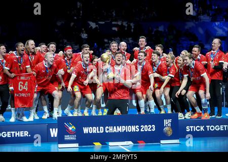 Team Denmark World Champion während der IHF Männer World Championship 2023, Endspiel Handball zwischen Frankreich und Dänemark am 29. Januar 2023 in der Tele2 Arena in Stockholm, Schweden - Foto: Laurent Lairys/DPPI/LiveMedia Stockfoto