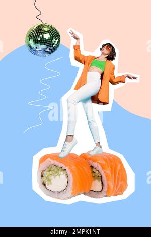 Foto 3D Collage Poster Magazin Sketch Bild Banner von fröhlicher Lady wie philadelphia Sushi isoliert auf bemaltem Hintergrund Stockfoto