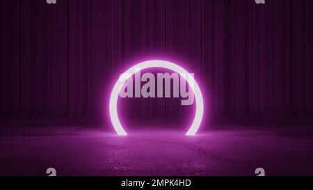 abstrakter Hintergrund in 3D-Darstellung, leuchtender violetter Ring Neon 3D-Illustration, minimaler Leerraum Konzeptdesign Stockfoto