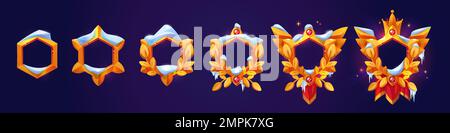 Goldene Sechseckrahmen verschneiter Avatare. Fantasy Ranking Abzeichen mit goldenen Rändern mit Lorbeer und Schnee Dekoration, Juwelen, Krone und rotem Wimpel, Stock Vektor