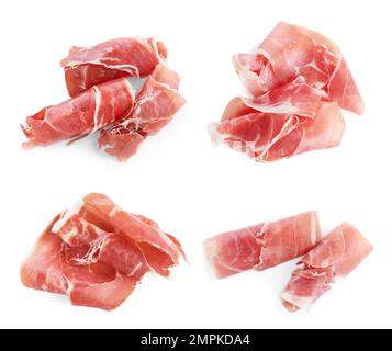 Set aus köstlichem, in Scheiben geschnittenem Jamon auf weißem Hintergrund Stockfoto