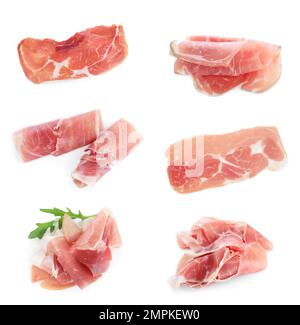 Set aus köstlichem, in Scheiben geschnittenem Jamon auf weißem Hintergrund Stockfoto