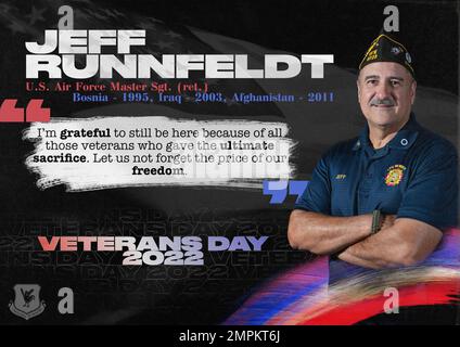 Eine Grafik und ein Layout zeigen ein Zitat dazu, was der Veterans Day für die USA bedeutet Air Force Master Sgt. (erw.) Jeff Runnfeldt auf dem Luftwaffenstützpunkt Kadena, Japan, 2. November 2022. Veterans of Foreign Wars Post 9723 wurden eingeladen, mitzuteilen, was den Veterans Day für sie wichtig macht und was die Menschen ihrer Meinung nach über den Feiertag wissen sollten. Die Grafik wurde mit Adobe Photoshop und Adobe Lightroom erstellt. Fotografie für die Grafik bereitgestellt von Pexels und Airman 1. Klasse Sebastian Romawac. (USA Air Force Grafik von Airman 1. Class Sebastian Romawac) Stockfoto