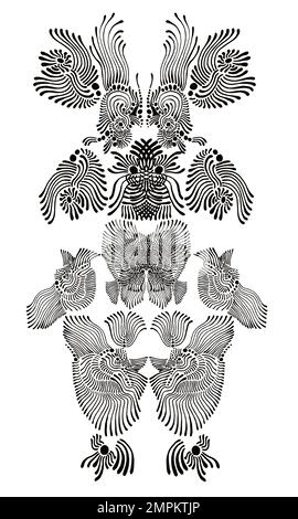 Surreale abstrakte psychedelische, bizarre Alien-Silhouette, schwarze Linie isoliert auf weißem Hintergrund. Einfarbiges, kompliziertes Bo-Ho-Muster. Vektor von Hand gezeichnet i Stock Vektor