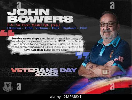 Eine Grafik und ein Layout zeigen ein Zitat dazu, was der Veterans Day für die USA bedeutet Air Force Master Sgt. (erw.) John Bowers auf dem Luftwaffenstützpunkt Kadena, Japan, 2. November 2022. Veterans of Foreign Wars Post 9723 wurden eingeladen, mitzuteilen, was den Veterans Day für sie wichtig macht und was die Menschen ihrer Meinung nach über den Feiertag wissen sollten. Die Grafik wurde mit Adobe Photoshop und Adobe Lightroom erstellt. Fotografie für die Grafik bereitgestellt von Pexels und Airman 1. Klasse Sebastian Romawac. (USA Air Force Grafik von Airman 1. Class Sebastian Romawac) Stockfoto